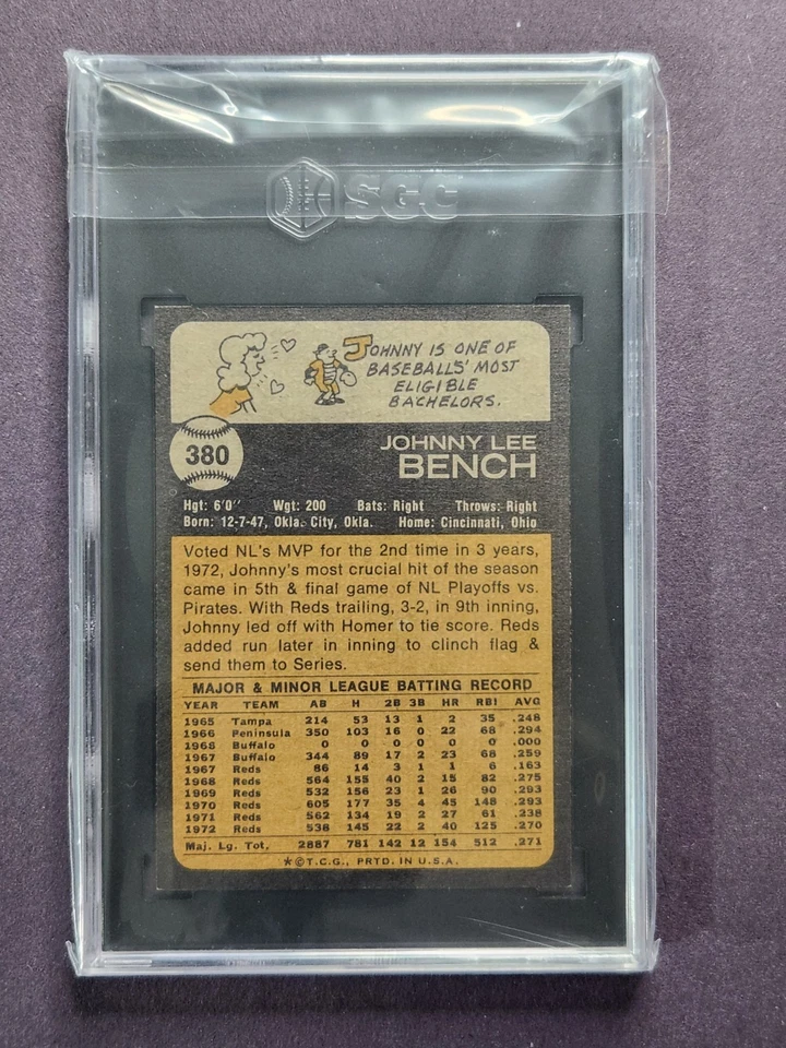 Johnny Bench - 1973 Topps #380 SGC 8 - Cincinnati Reds HOF - The Big Red Machine - Image 2 of 2