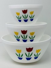 Vintage Fire King Style OOAK Tulip Decal Mixing Bowl Display 3 Piece Set