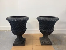 Large Cast Iron Urns - 19 “ diameter, 25 3/4” tall, 10” x 10” base. Very heavy