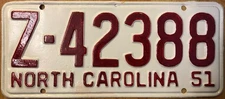 1951 North Carolina license plate Z 42388