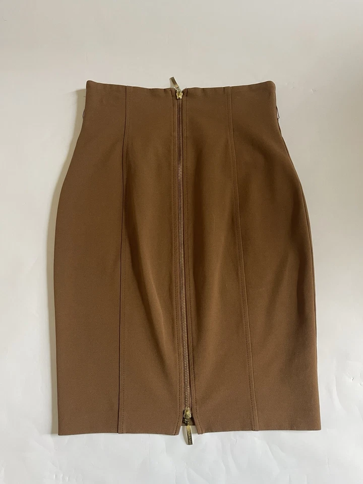 CAROLINE BISS Skirt Uk 8 Brown Pencil Skirt High Waisted Jersey Gold Zip Back - Image 2 of 4