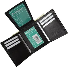 Leather Men Tri Fold Wallet FIXED Flip Up Window ID Black By Marshal®