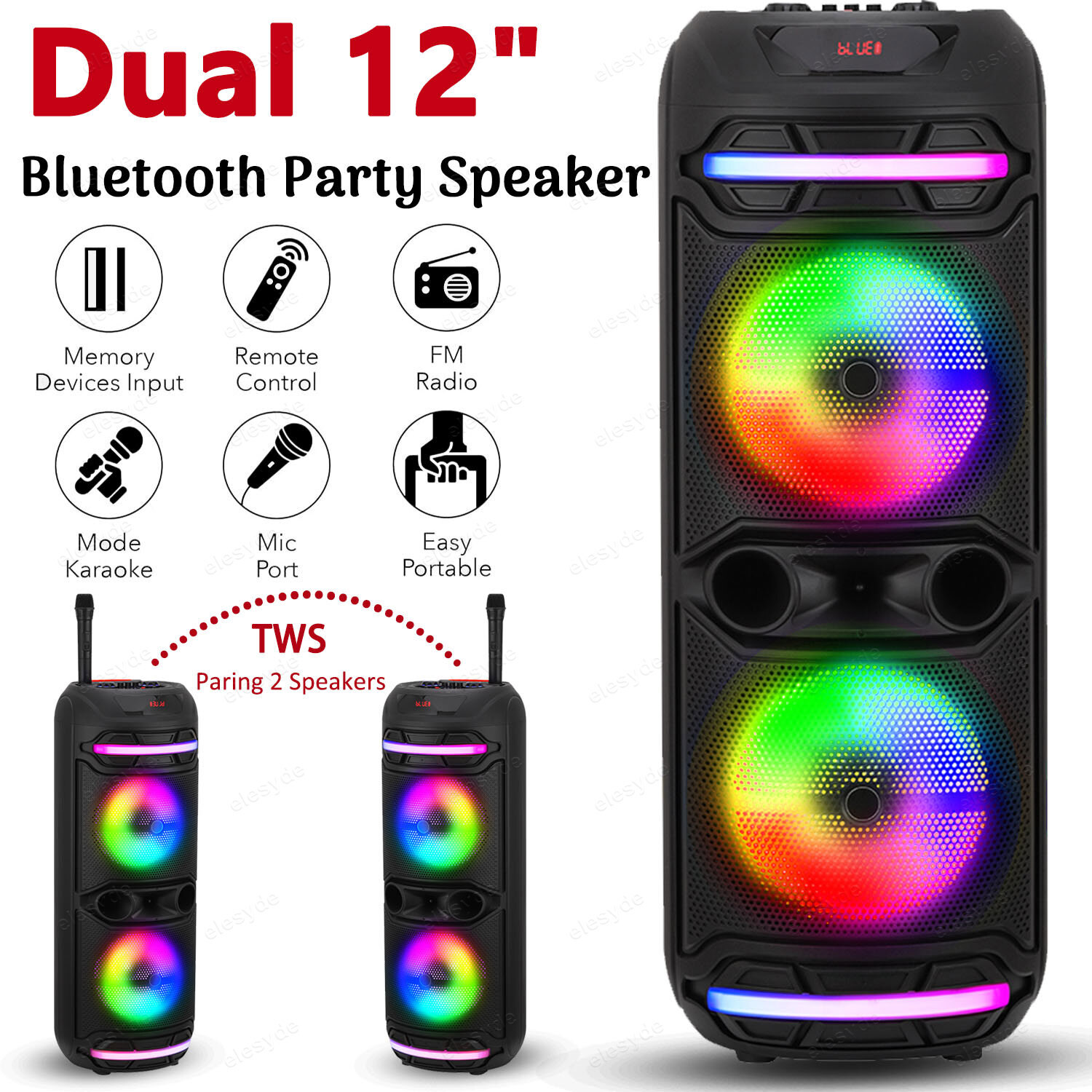 Portable Bluetooth Party Speaker with Dual 12