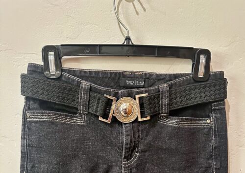 White House Black Market Black Boot Cut Jeans 0R with Belt and Silver Buckle - Picture 2 of 7