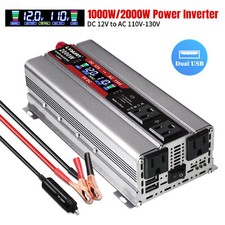 1000W 2000W Power Inverter 12V to 110V Car Converter 2USB 4AC LCD Display Silver