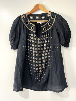 Cache Mire Silk Embellished Black Tunic Top Size 2