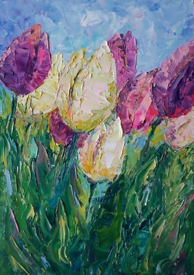 Original Art, Impasto Art, Tulips Pink flowers, Holland flowers, Floral oil art