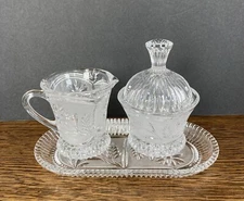 VTG Lausitzer Germany Crystal Frosted Sugar Bowl w/Lid, Creamer, Underplate MINT