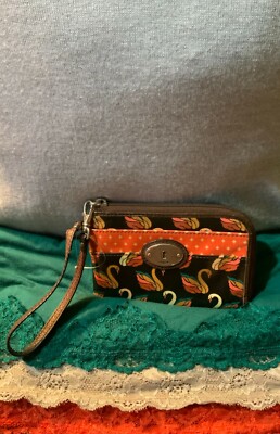 Fossil Key-Per Black Multi-Color Swans Coated Canvas Credit Card