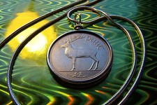 Irish Red Deer Celtic 33mm Coin Pendant 24" White Gold Filled Round Snake Chain