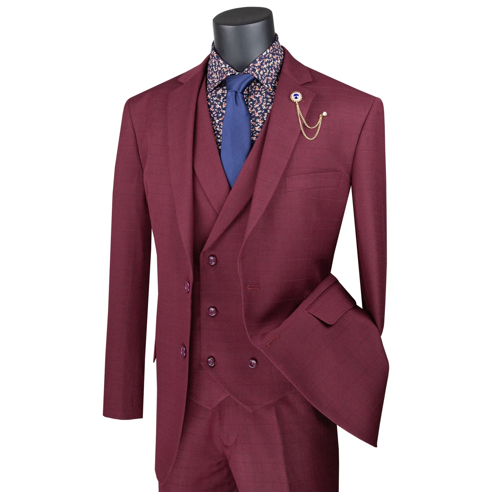 VINCI Men's Burgundy Glen Plaid 3 Piece 2 Button Classic Fit Suit - NEW
