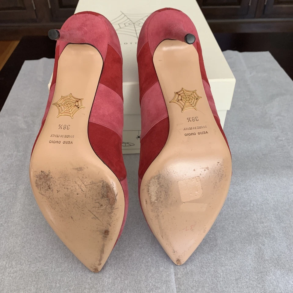 Bombas de camurça CHARLOTTE OLYMPIA Desirée em listras rosa escuro/vermelho tamanho 38,5 MRSP$795 - Imagem 4 de 4