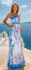 NEW MAXI  RETRO BANDEAU DRESS TURQUOISE & WHITE MULTI C