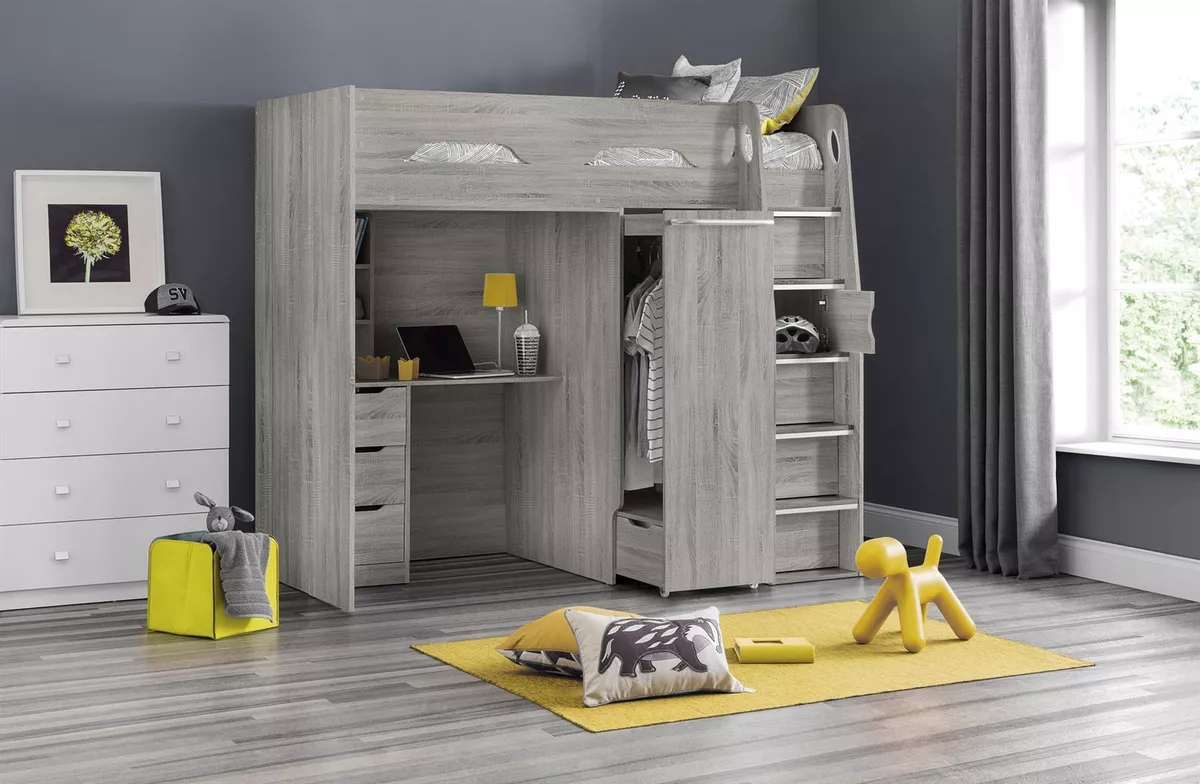 PEGASUS HIGHSLEEPER GREY OAK 3FT SINGLE CABIN LOFT BED FRAME FOR