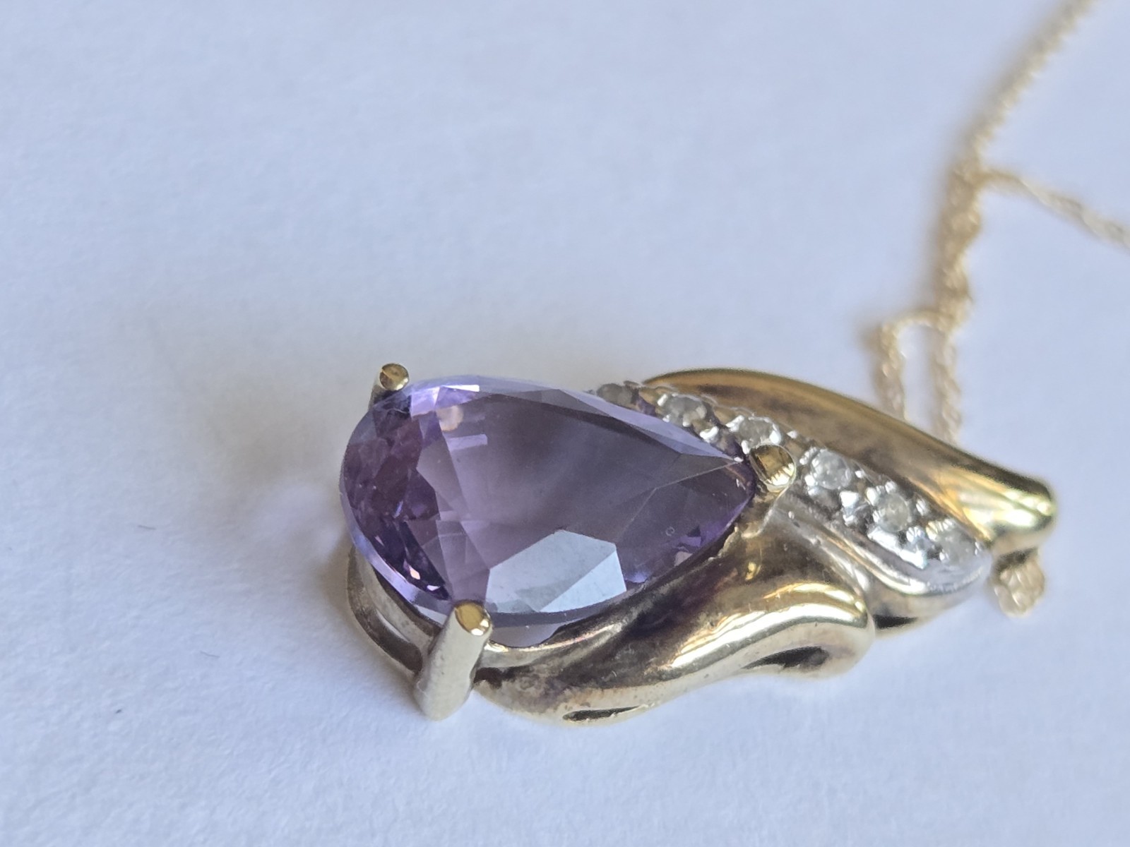 10K Solid Gold Diamond Amethyst Drop Pendant Neck… - image 5