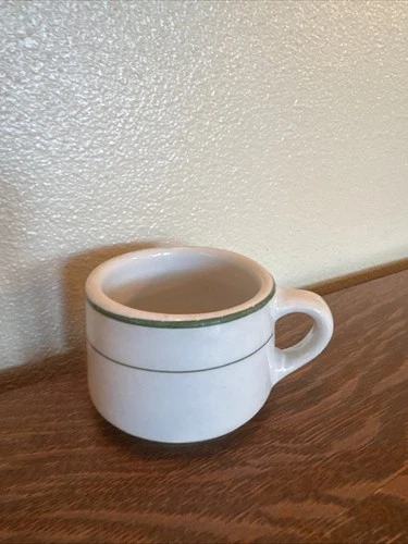 50s Vtg TEPCO China Mug Heavy Restaurant Ware Green Striped White 6oz