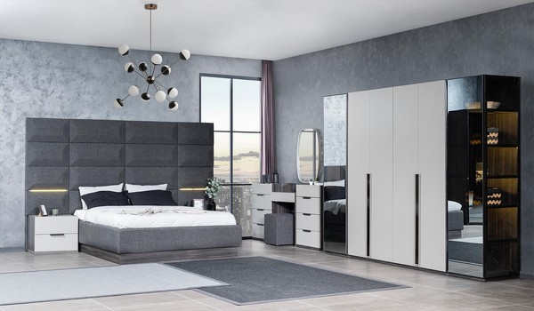 Komplett Schlafzimmer MöBel Set Bett 2X Nachttisch Schminktisch Spiegel 5Tlg Neu-image
