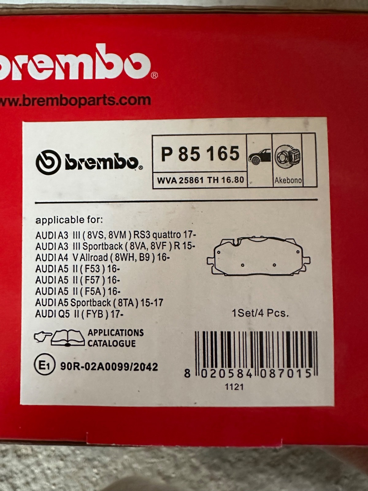 Bremsbelagsatz BREMBO P 85 165, Vorne neu Audi