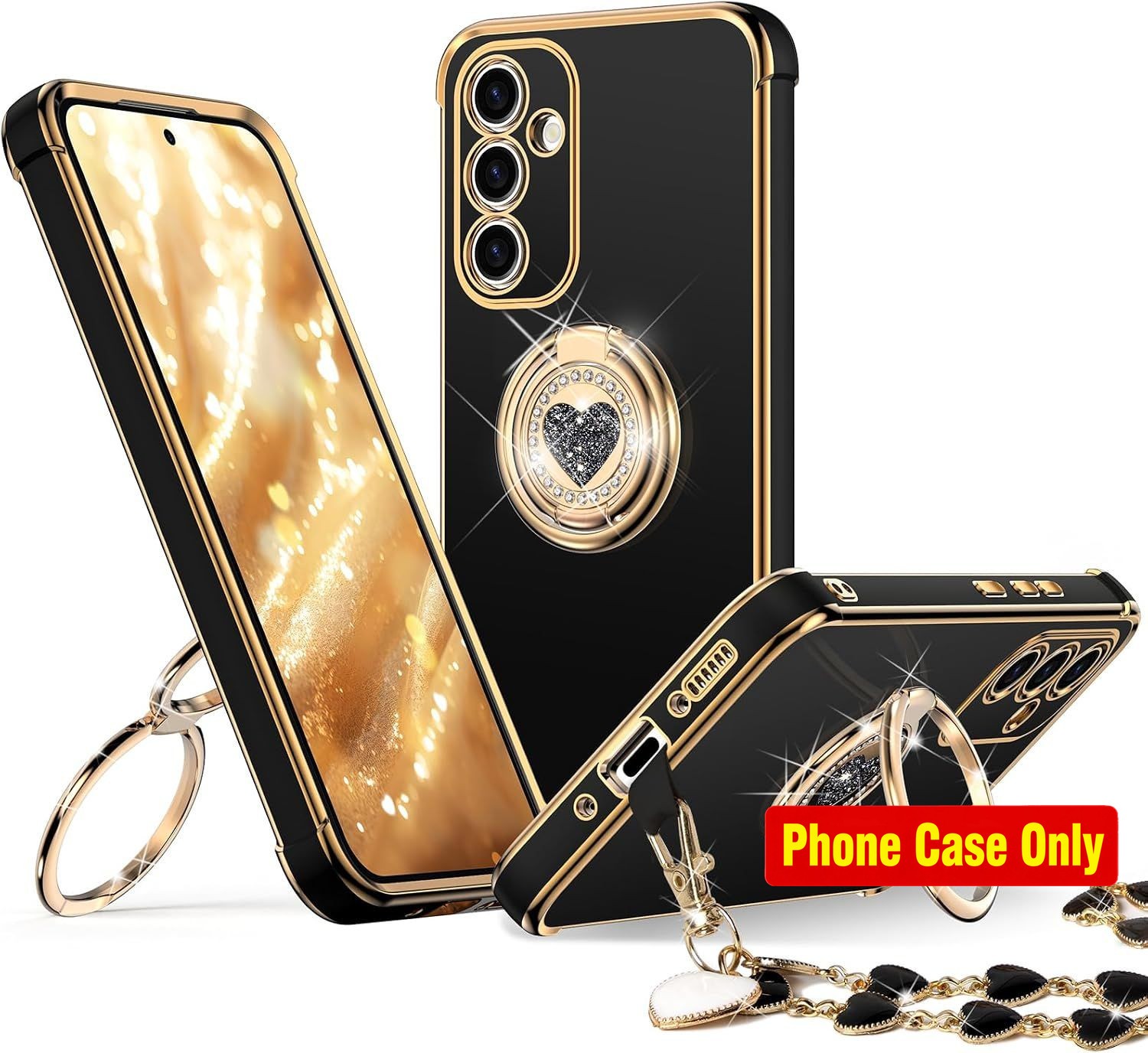 Luxury Bling Phone Case for Women, Galaxy S23 FE with Stand & Double Ring, Black
