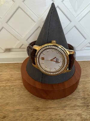 Trendy Cover Watch Gold And Stone  Bezel white Face Brown Leather Band