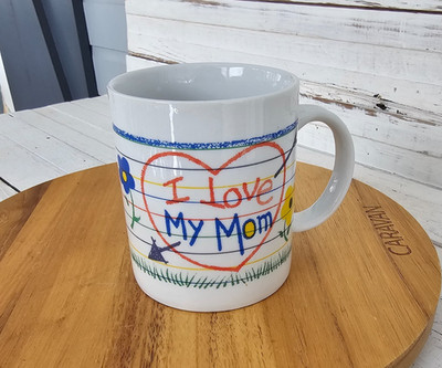 I Love My Mom Coffee Mug Crayon Colors Heart Flowers