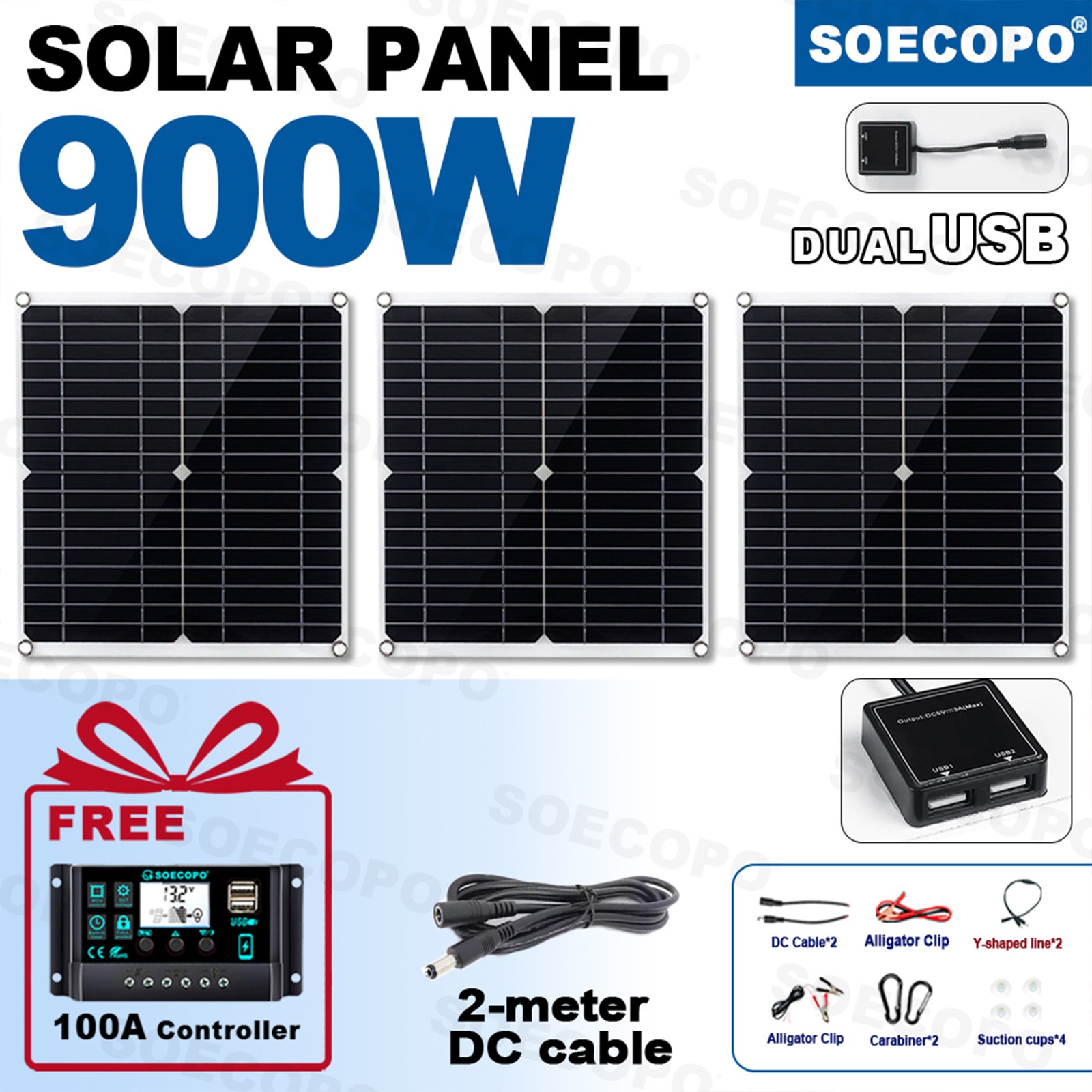 900W Solar Charging Kit with Y-Cable+2x300W Panels+2M Extension Cable Home