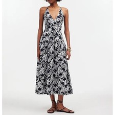 NEW Madewell Smocked Halter Midi Dress Poplin Tropical Print Indigo A Line US 0