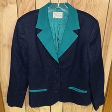 Vintage Pendleton Blazer Womens Size M Navy/Turquise Lined 100 Wool EUC