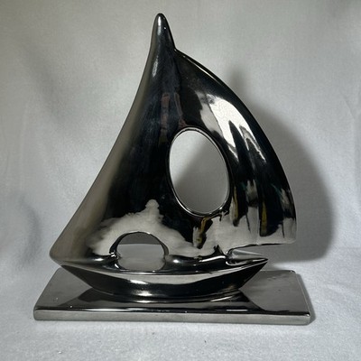 Vintage Aluminum Chrome Sailboat Statue Nautical Decor Mid Century Modern