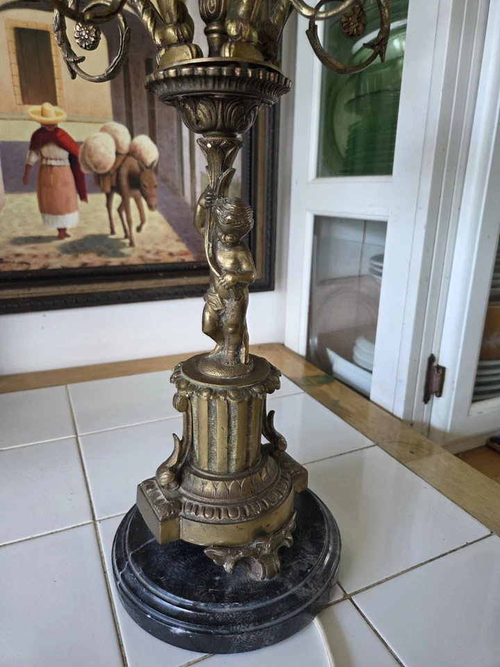 ANTIQUE VICTORIAN CANDELABRA, TABLE CHANDELIER BRONZE & MARBLE LAMP WITH ANGEL - Image 4 of 4