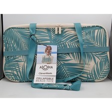 Aloha Collection CleverMade Collapsible Beach Tote Teal Palm Leaf Mesh Bag NEW
