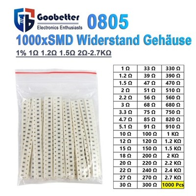 SMD Widerstand Resistor 1Ω Bis 2.7KΩ 0805（±1%）50 Werte x 20 Stück = 1000 Stück