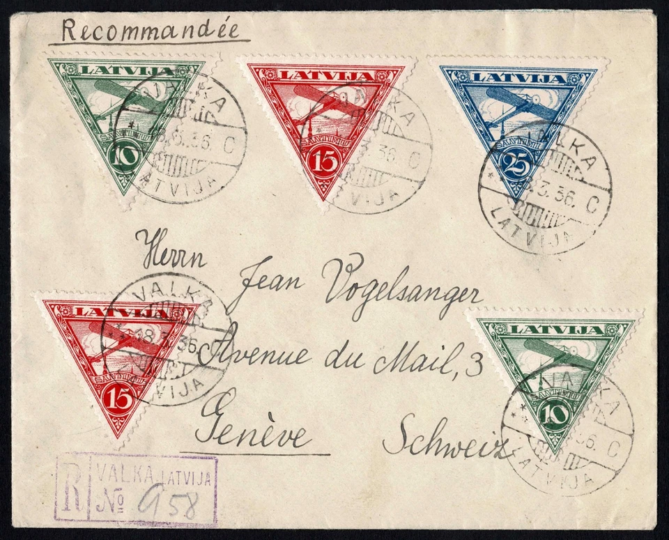 Latvia 1936 Reg’d Airmail, Triangular Set, Valkā to Geneva, Lidpasts, Arrival - Image 2 of 3
