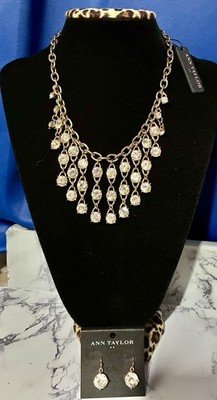 ANN TAYLOR Original Ice Crystal Runway Chunky Statement Necklace & Earrings Set