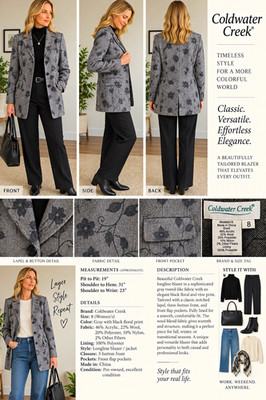 Coldwater Creek Longline Floral Wool Blend Lined Blazer Jacket Pockets 8