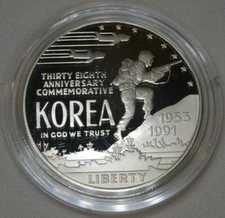 1991-P Korea War Proof Silver Dollar US Mint Commemorative $1 with Capsule