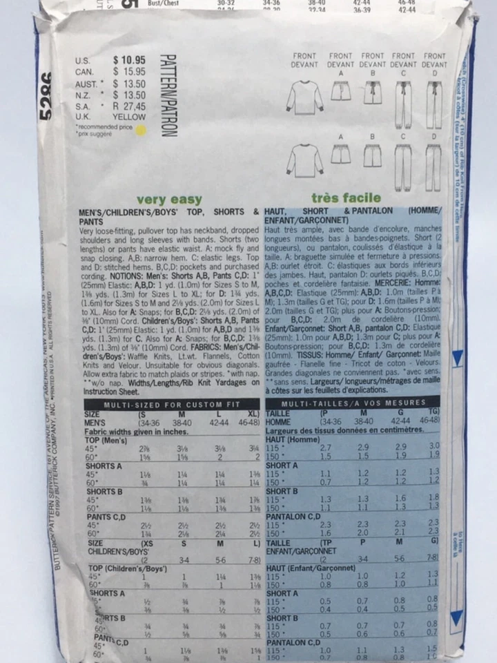 Top Shorts Pants Mens and Boys Size S-L / XS-L B5286 Uncut Sewing Pattern - Image 2 of 2