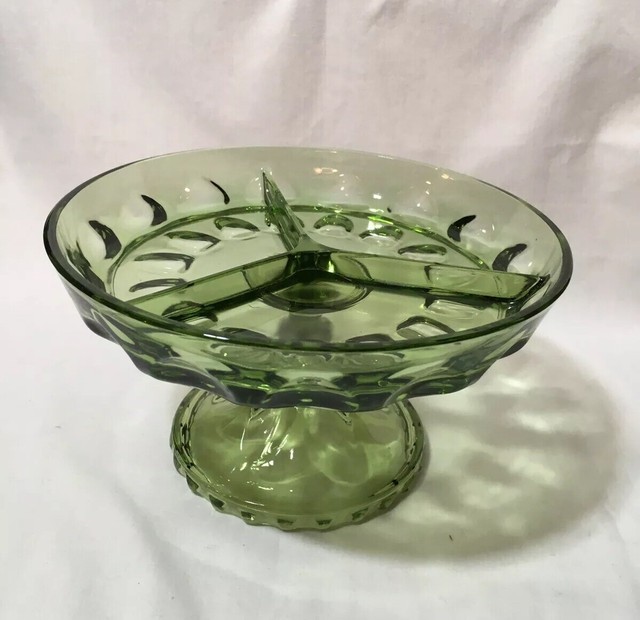 Vintage Green glass pedestal candy dish/ Peanut Dish/ Divider Dish/ 8