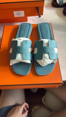 Multiple Size New Authentic Hermes Oran Sandals blue mineral epsom 38 38.5 39 40