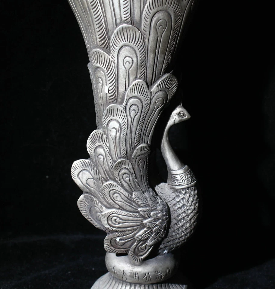 旧瓷青铜银雕像风水凤凰花花瓶雕像 — 第 3/4 张图片