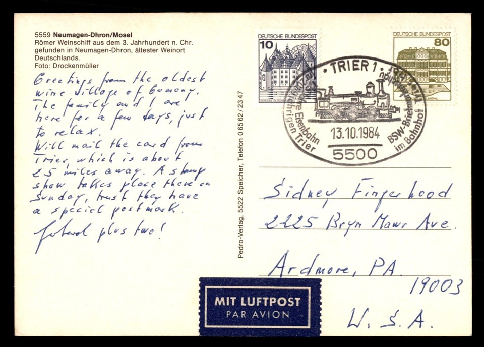 MayfairStamps Germany 1984 Train Trier to Ardmore PA Post Card aak_59629 eBay