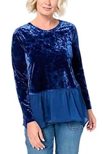 LOGO by Lori Goldstein Women's Crushed Velvet Top w/Chiffon Hem Blue