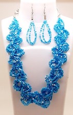 fashion Twisted Glass Seed Bead Necklace With Matching Earrings set blue  white
