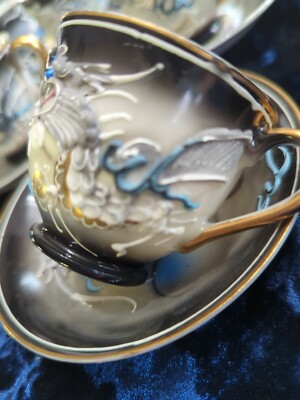 12pc Moriage Dragonware Tea cup & Saucer Black Gray Gold Emerson