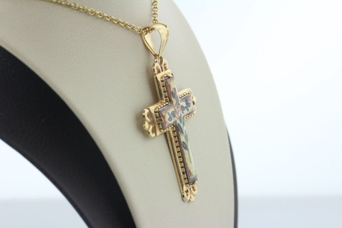 14K Yellow Gold Painted Rose Floral Cross Charm Pendant - Picture 4 of 9