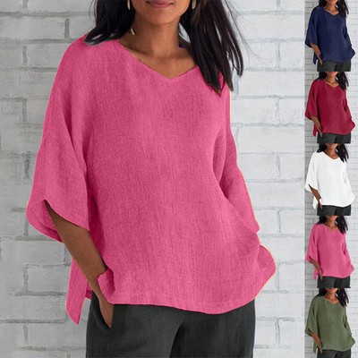 Women's Casual Cotton Linen Shirts 3/4 Sleeve Crew Neck Loose Fit T Shirts Tops
