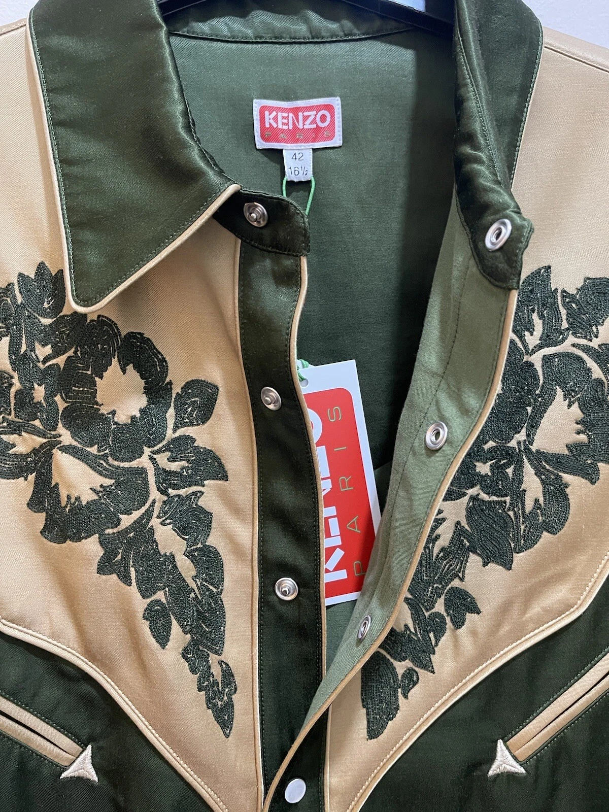 Kenzo Camicia Abito Uomo Floreale Manica Lunga Ricamata Verde Sabbia 42 16 5