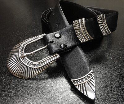 Navajo Platero Sterling Silver signed Ranger Belt Buckle Set