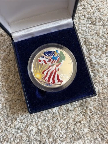 2000 American Eagle Silver Dollar in Full Color, 1 OZ .999 Fine Silver Box & COA