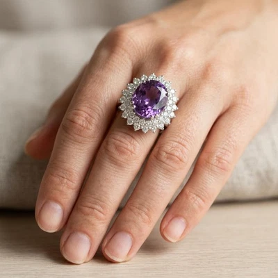 Bagues en or blanc en argent sterling 925 saphir violet lavande brillant 9,10... - Photo 1/4